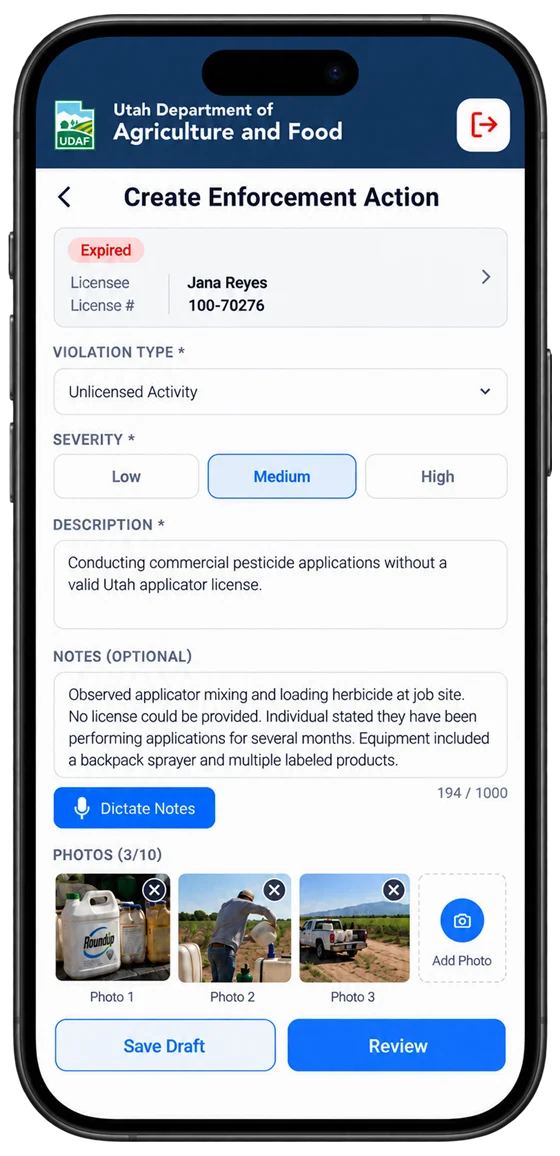 Mobile app showing the Create Enforcement Action form
